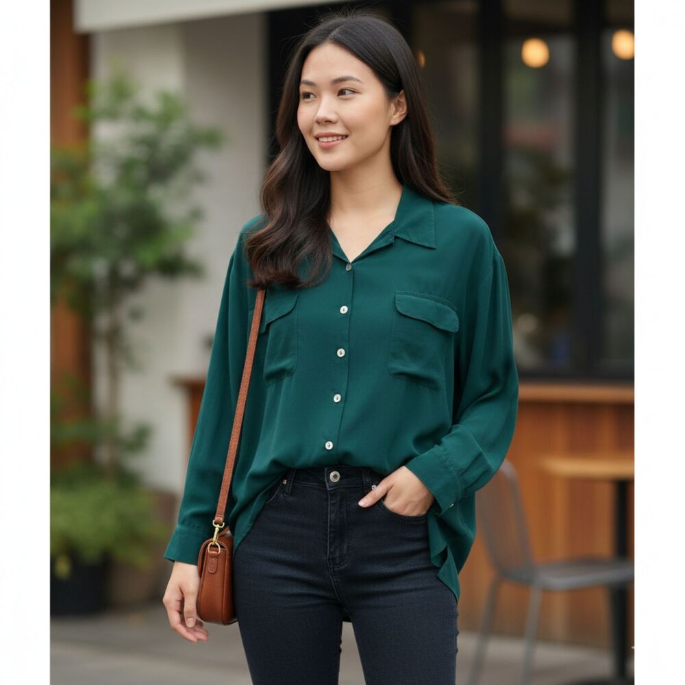 Vintage Signatur’ee 100% Silk Button-Down Blouse - Size Large - Emerald Green